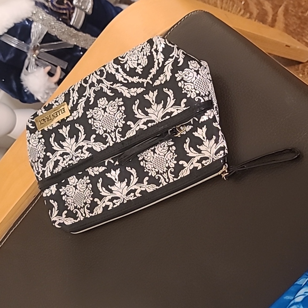 Ellen Tracy Black and White Patterned Makeup Bag - image 2